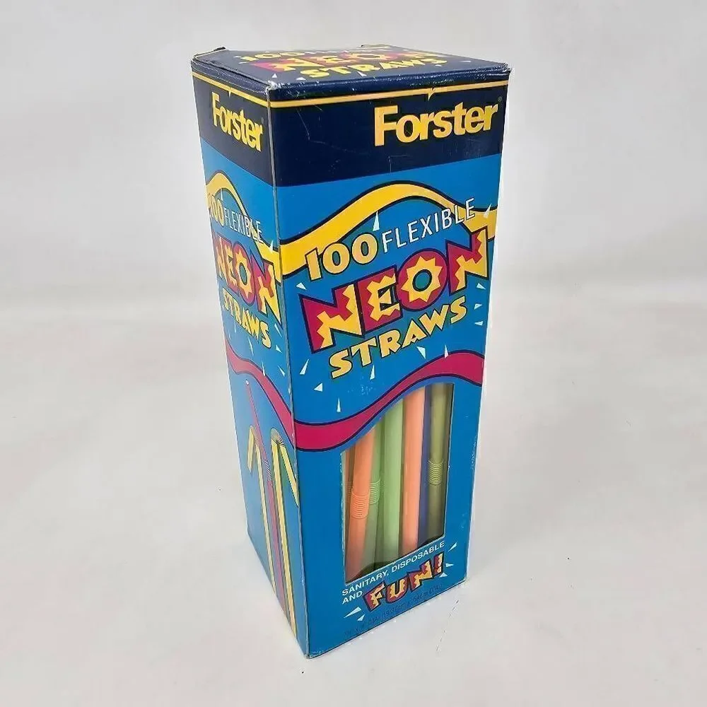 VINTAGE 1998 DIAMOND FORSTER 100 FLEXIBLE NEON PLASTIC STRAWS PARTY NOS BENDY